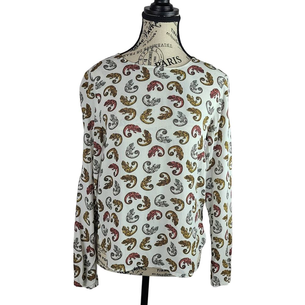 H&M Iguana Lizard Novelty Print on Ivory Long Sleeve Pull Over Blouse Size 2